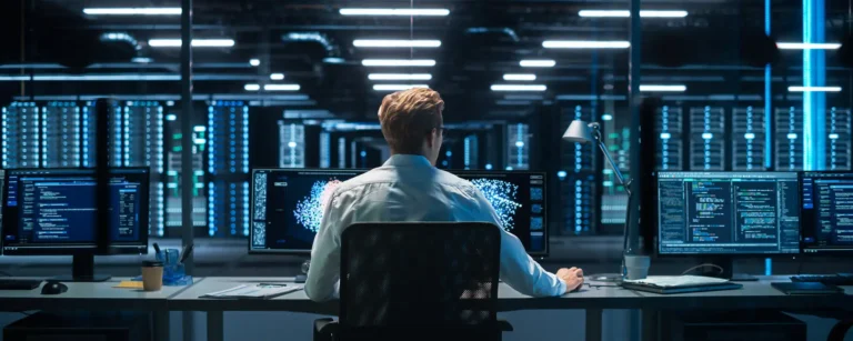 An IT professional reviews two monitors in front of him